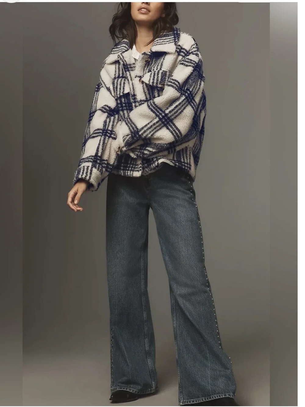 Pilcro Anthropologie Off White & Navy Blue Plaid Cropped Sherpa Jacket XS - Picture 2 of 13